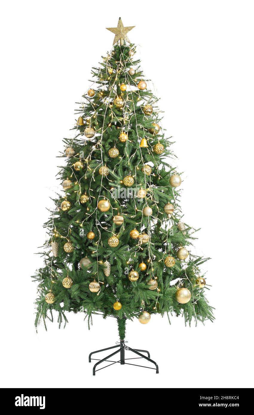 Beautiful decorated Christmas tree isolated on white background Stock ...