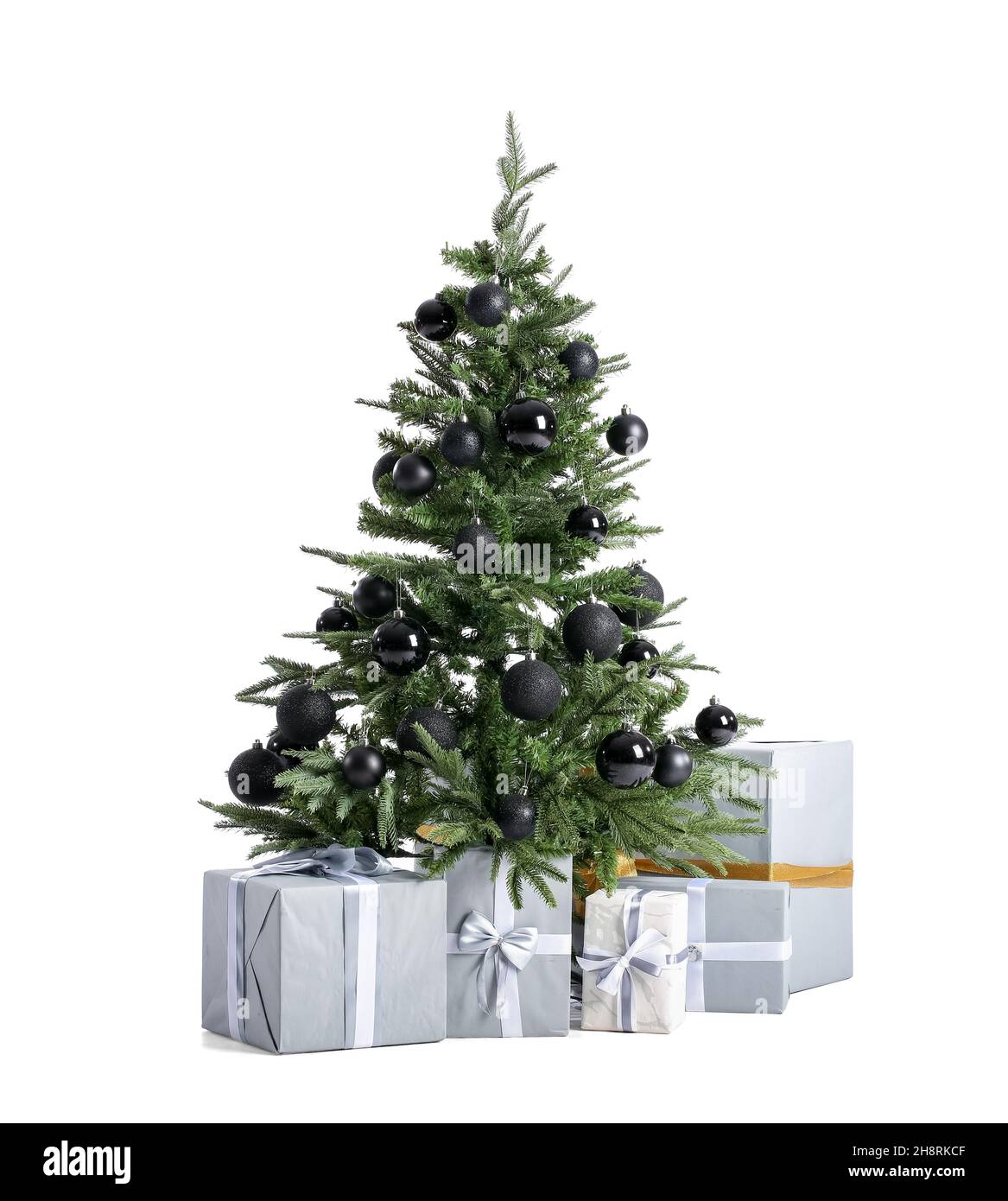 Beautiful decorated Christmas tree with gift boxes isolated on white ...