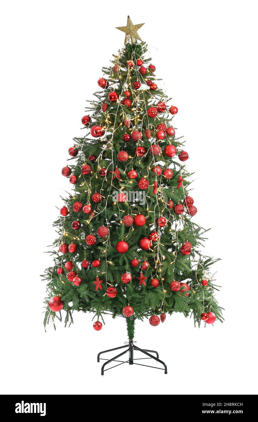 Beautiful decorated Christmas tree isolated on white background Stock ...