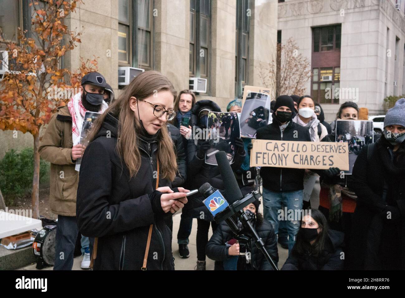 New York, New York, USA. 30th Nov, 2021. TABITHA HOWELL speaks during a news conference in front of the courthouse at 100 Center Street in New York. Rodriguez was one of several people run down during an anti-ICE protest march by queens resident Kathleen Casillo a year ago. Kathleen Casillo's car attack left me with five bulging discs in my back and dramatic brain injury. It's one thing to face a long physical recovery. it's another to try to process what happened mentally and emotionally.'' Howell went on to say 'I don't pretend know what perfect accountability looks like. But I Stock Photo