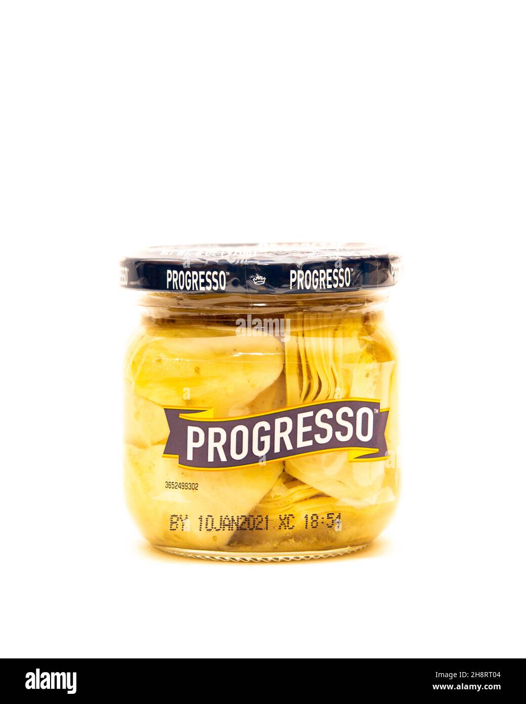 A jar of Progresso imported marinated artichoke hearts isolated on white Stock Photo