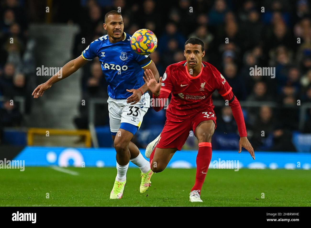 Joel Matip #32 of Liverpool and Jose Salomon Rondon #33 of Everton battles for the ball in, on 12/1/2021. (Photo by Craig Thomas/News Images/Sipa USA) Credit: Sipa USA/Alamy Live News Stock Photo
