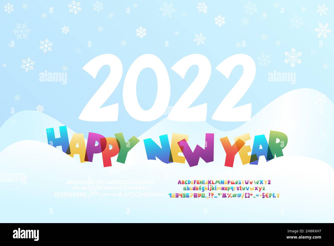 Creative flyer Happy New Year with cartoon multicolor text in winter landscape. Two vector sets of decorative fonts are included. Stock Vector