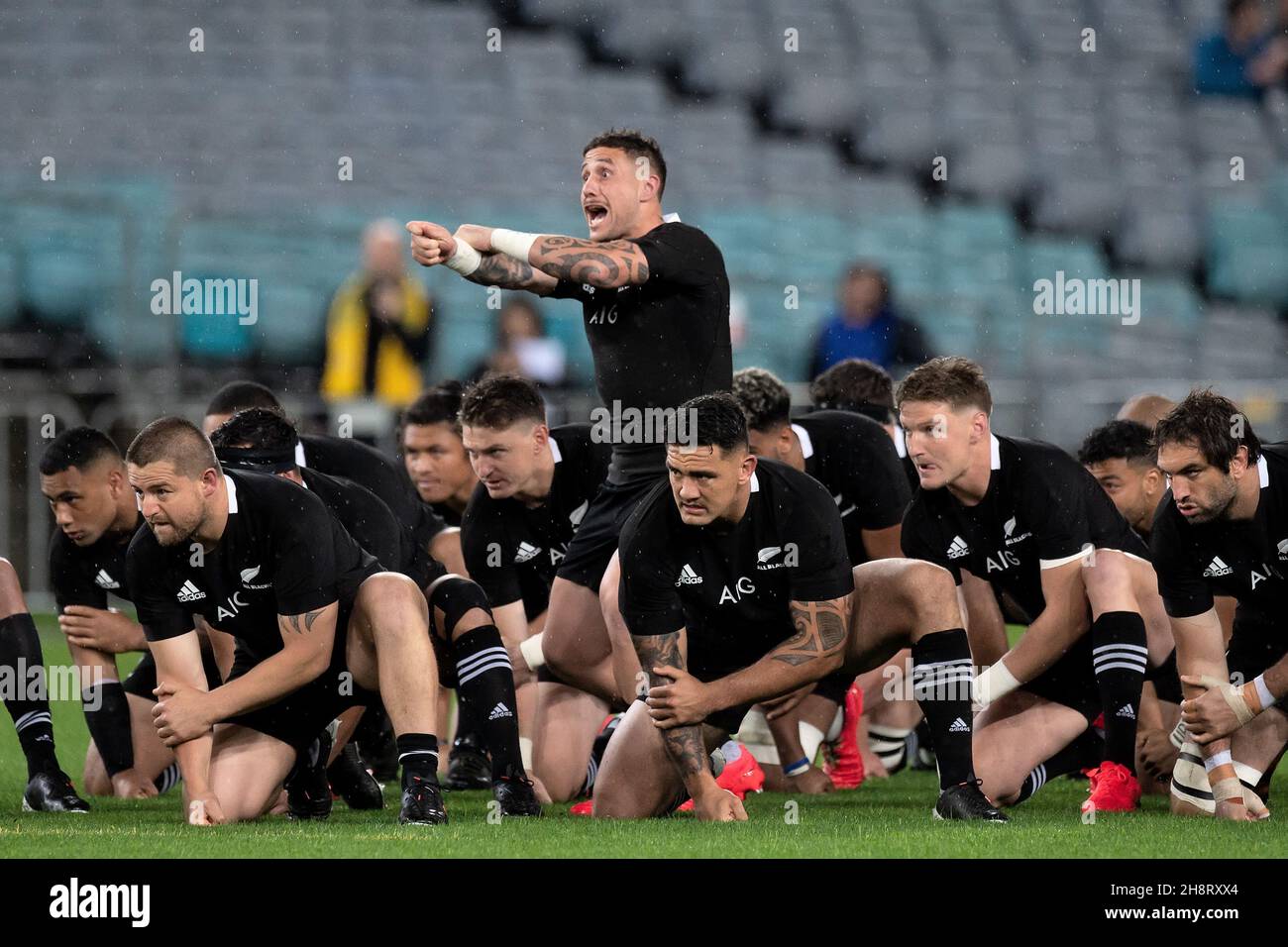 New Zealand perform the Haka before the Bledisloe Cup match between the Australian Wallabies and the New Zealand All Blacks at ANZ Stadium on October 31, 2020 in Sydney, Australia
