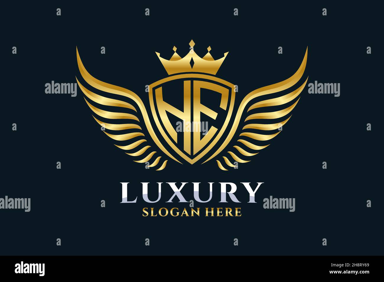 Luxury royal wing Letter HE crest Gold color Logo vector, Victory logo, crest logo, wing logo, vector logo . Stock Vector