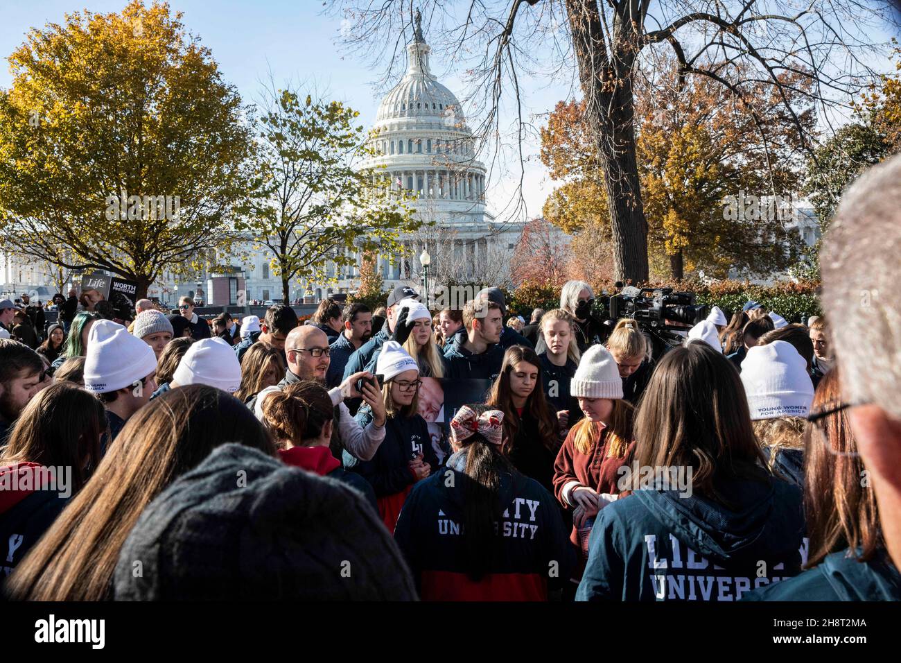 Washington, USA. 2nd Dec, 2021. Anti-abortion protesters rally in Washington, DC, the United States, Dec. 1, 2021. The conservative majority in the U.S. Supreme Court signaled Wednesday that they would uphold a law in the state of Mississippi barring abortion after 15 weeks of pregnancy, a decision directly contradicting the high court's landmark ruling in favor of abortion rights that has existed for nearly a half-century. Credit: Aaron Schwartz/Xinhua/Alamy Live News Stock Photo