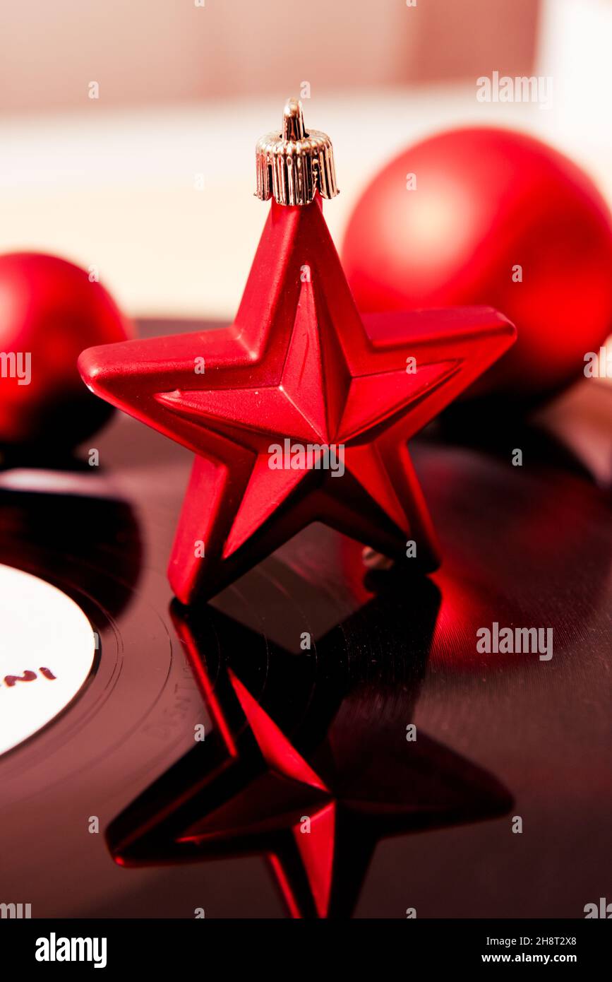 Christmas music with festive party decorations on record player Stock Christmas Music Player