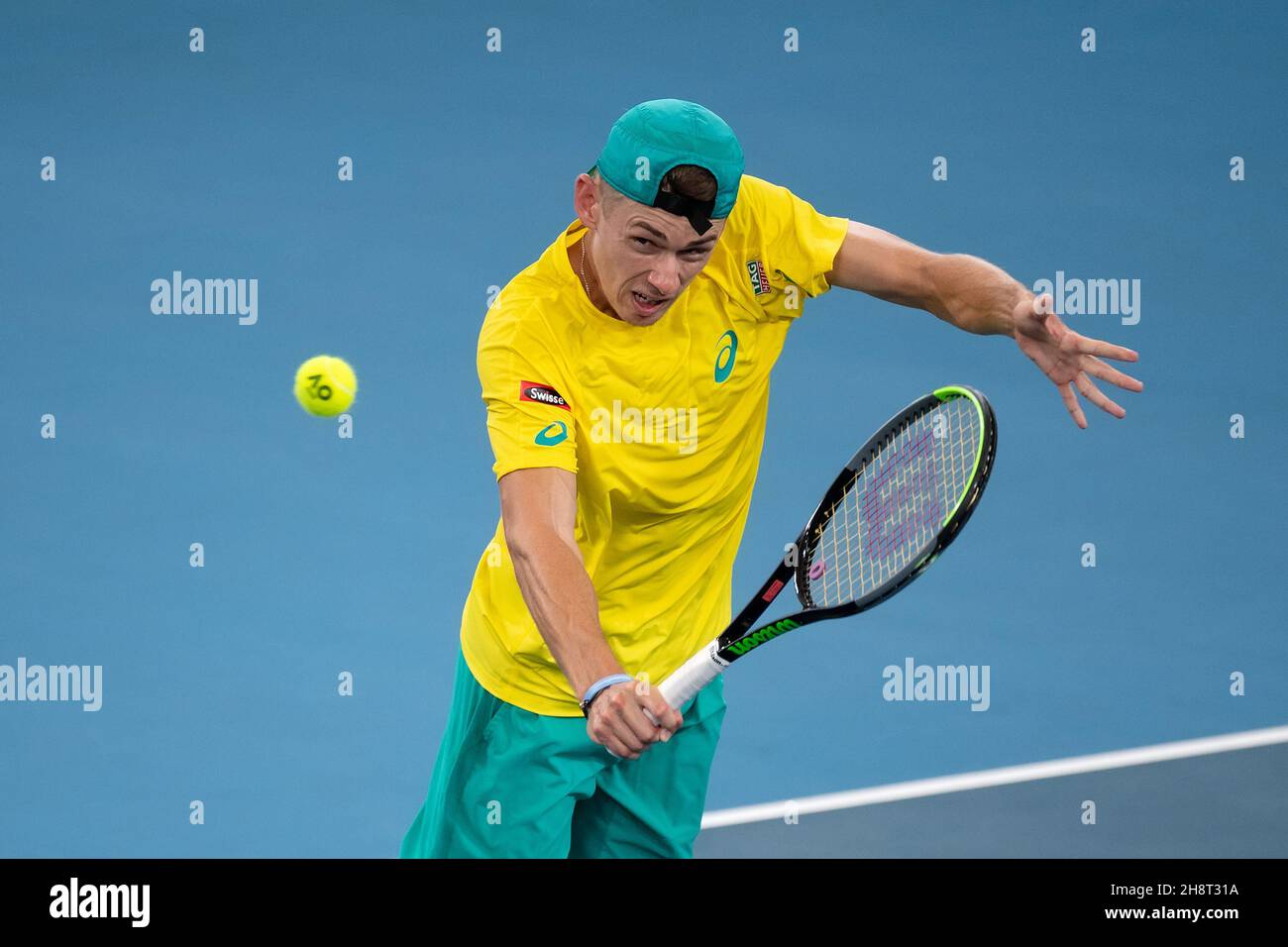 SYDNEY, AUSTRALIA - JANUARY 09: Alex De Minaur of Australia plays a backhand  volley during day seven of the quarter-final doubles match at the 2020 ATP Cup Tennis at Ken Rosewall Arena on January 09, 2020 in Sydney, Australia. Stock Photo