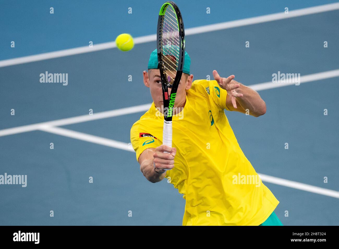 SYDNEY, AUSTRALIA - JANUARY 09: Alex De Minaur of Australia plays a backhand volley during day seven of the quarter-final doubles match at the 2020 ATP Cup Tennis at Ken Rosewall Arena on January 09, 2020 in Sydney, Australia. Stock Photo