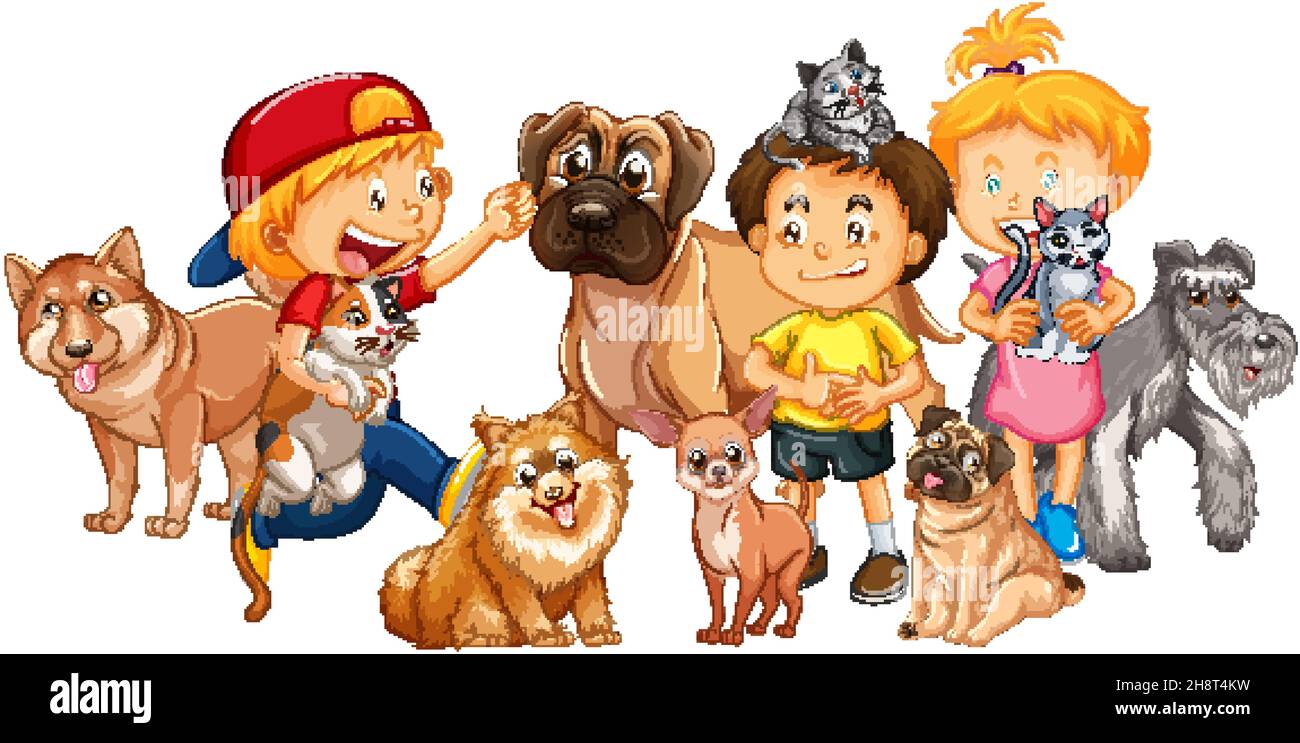 Happy kids with their pets illustration Stock Vector Image & Art - Alamy