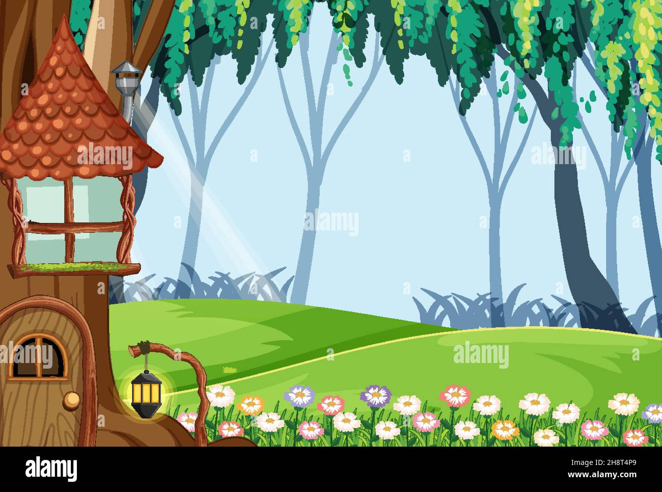 Fantasy forest background with hollow tree illustration Stock Vector ...
