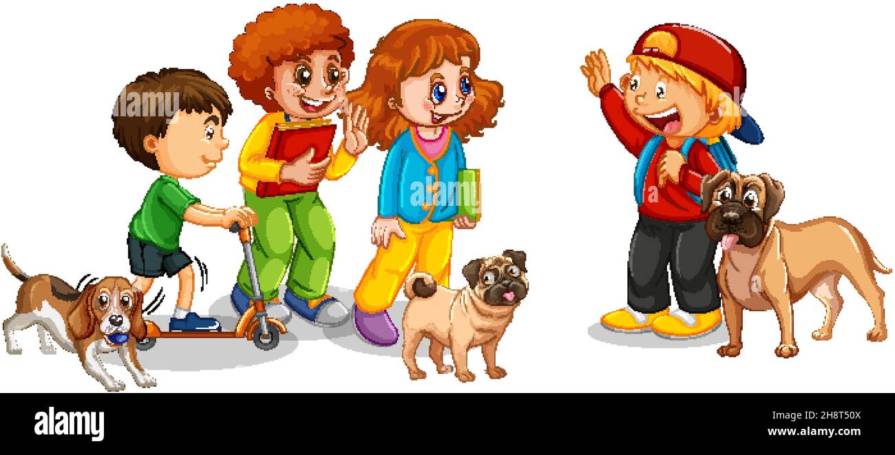 Happy kids with their dogs illustration Stock Vector Image & Art - Alamy