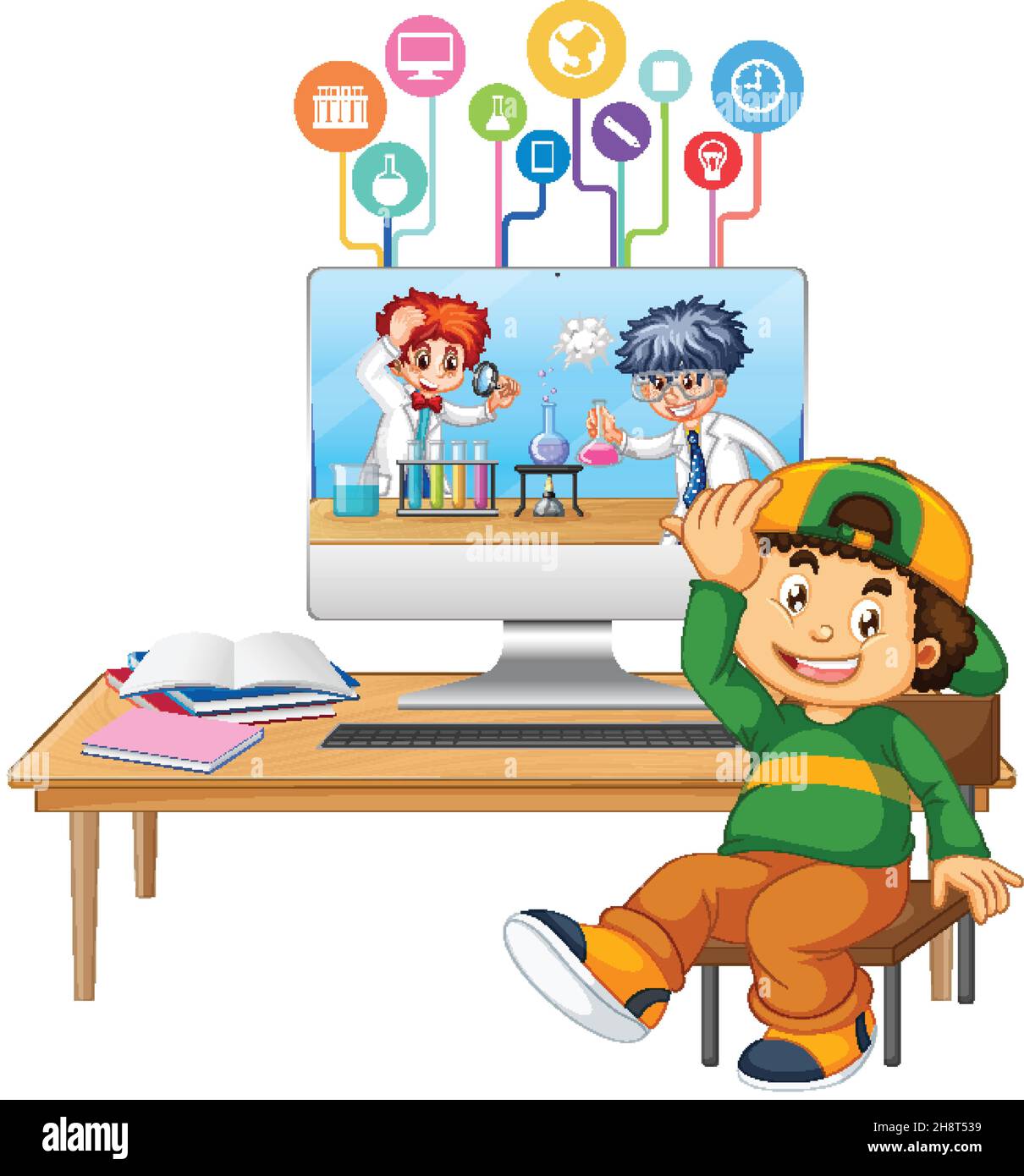 Young boy studying in front of computer illustration Stock Vector Image ...