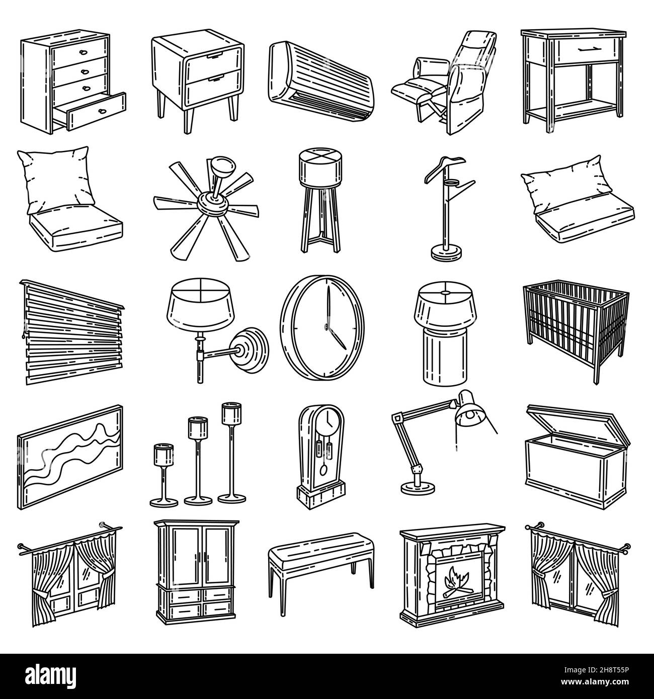 Furniture and Home Interior Hand Drawn Icon Set Vector Stock Vector ...