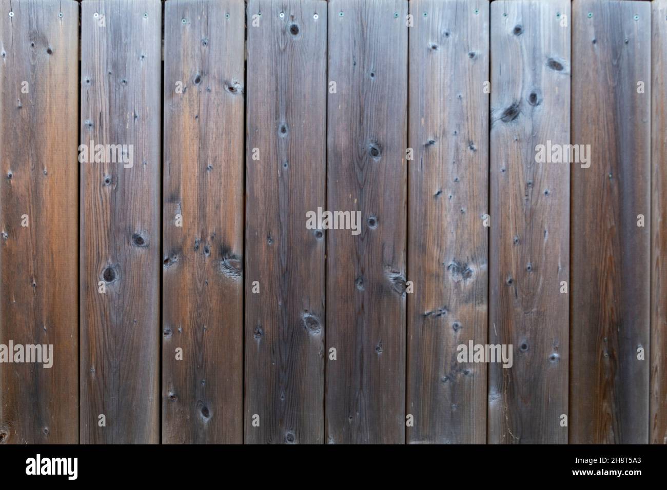 weathered vertical deck boards, with knots. grey orange brown shades Stock Photo