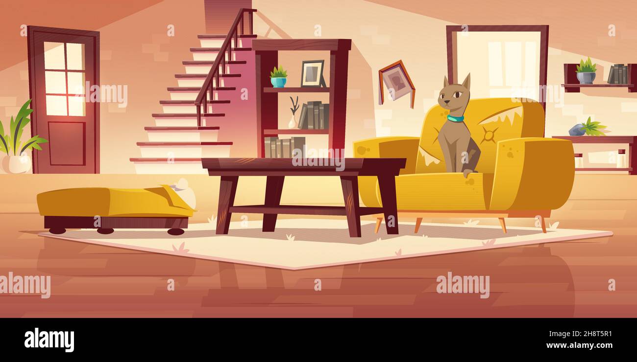 Cat at damaged home interior with scratched furniture, sofa and armchair with torn upholstery and fallen flower pot. Pet making mess in room, naughty feline animal chaos, Cartoon vector illustration Stock Vector