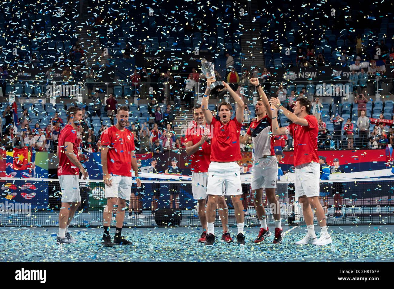 SYDNEY, AUSTRALIA - JANUARY 12: Team Serbia celebrate with the winners trophy at the 2020 ATP Cup Tennis at Ken Rosewall Arena on January 12, 2020 in Sydney, Australia. Stock Photo