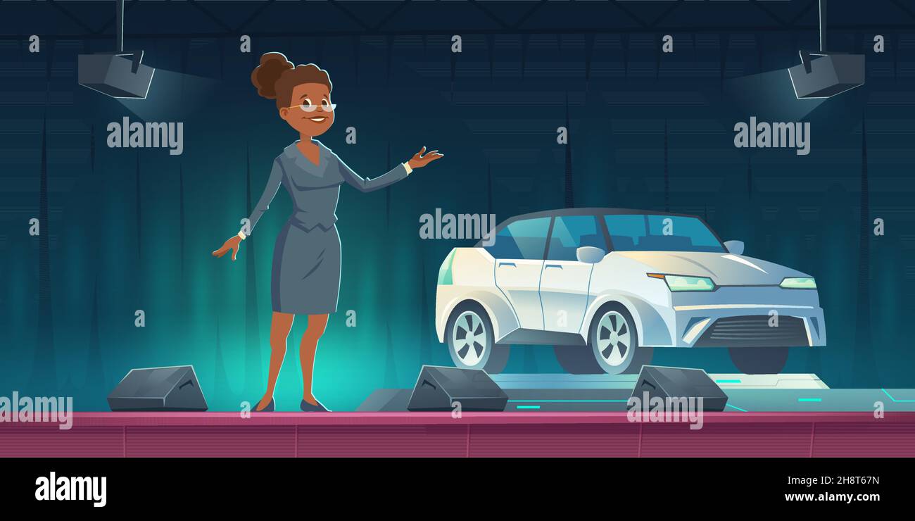 Car seller presenting modern automobile on show room stage, auto presentation in salon or exhibition with saleswoman and vehicle on scene with spotlights and curtains, Cartoon vector illustration Stock Vector