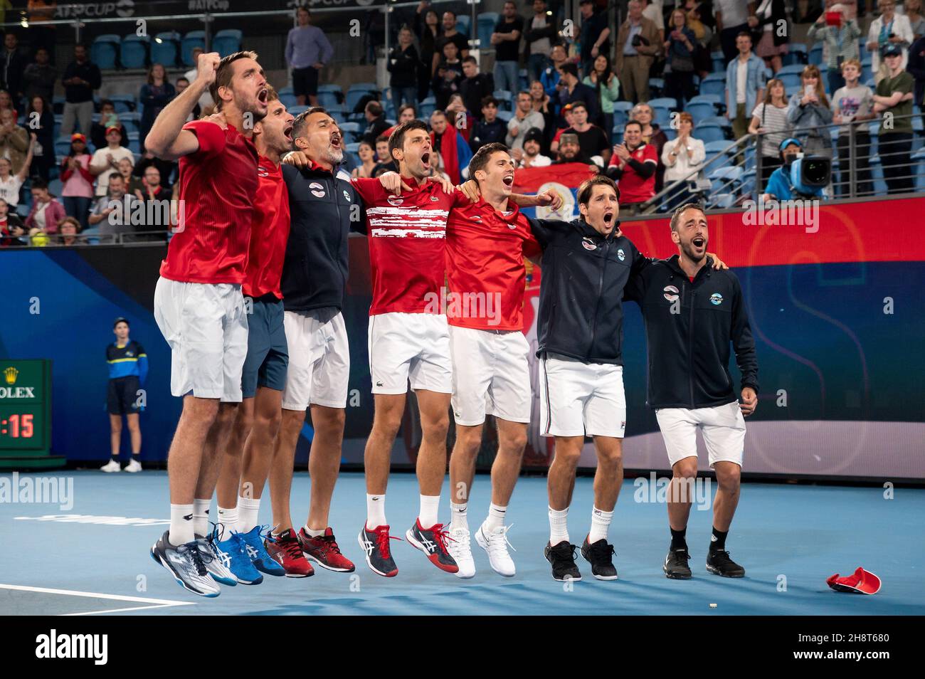 SYDNEY, AUSTRALIA - JANUARY 12: Team Serbia celebrate winning the 2020 ATP  Cup Tennis at Ken Rosewall Arena on January 12, 2020 in Sydney, Australia.  (Photo by Speed Media/Icon Sportswire) (Icon Sportswire