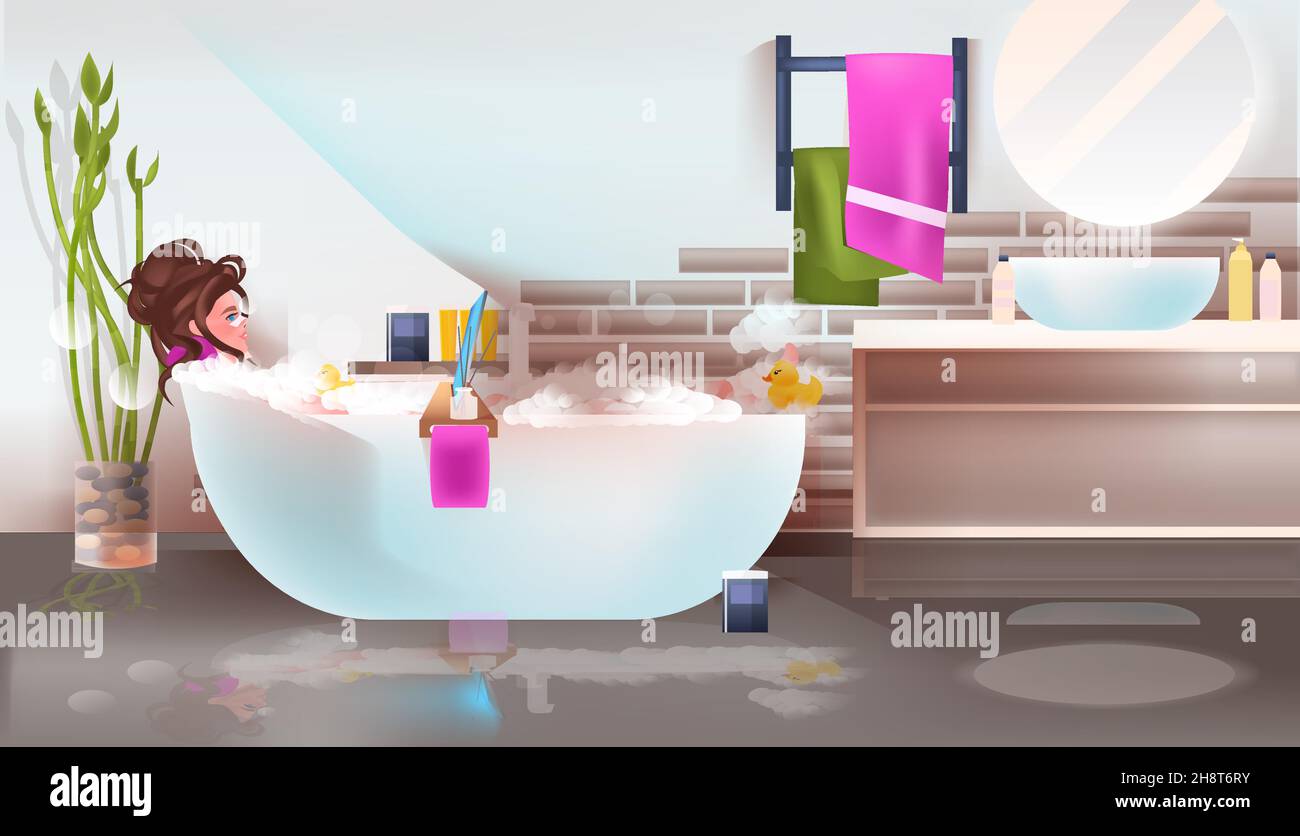 young woman relaxing in bath and using laptop chat bubble communication