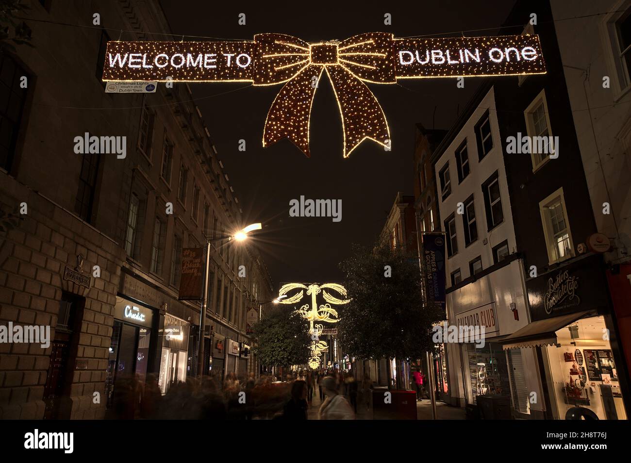 Dublin, Ireland November 13, 2021 Beautiful view of festive Christmas lights with to