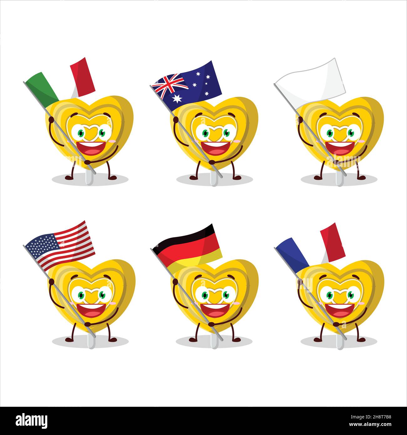 Yellow love candy cartoon character bring the flags of various countries. Vector illustration Stock Vector