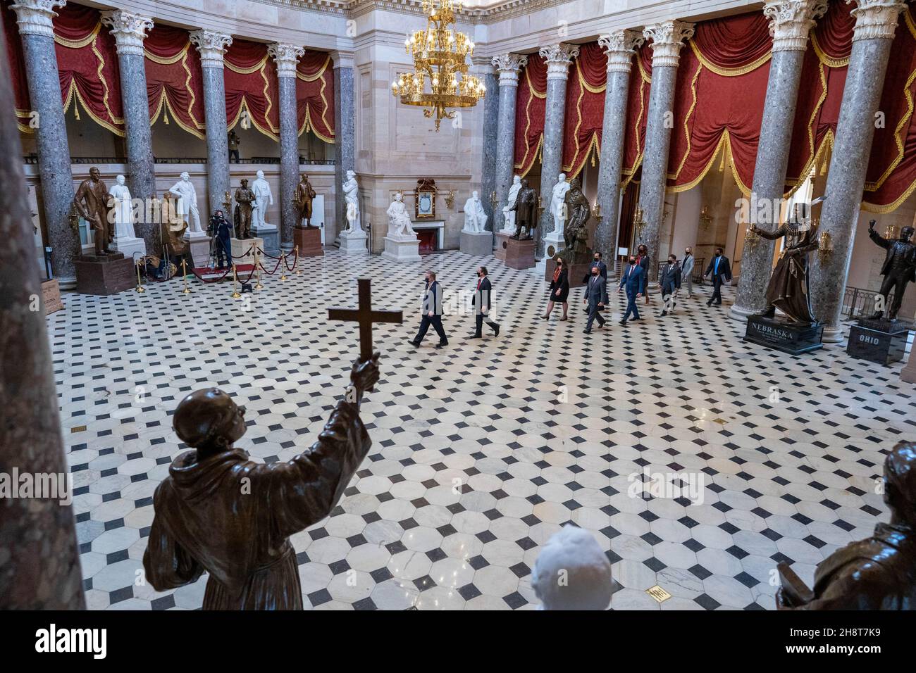 Acting House Sergeant-at-Arms Tim Blodgett leads the Democratic House impeachment managers through Statuary Hall in the U.S. Capitol to deliver the article of impeachment alleging incitement of insurrection against former President Donald Trump, to the Senate, in Washington, DC, on Tuesday, February 9, 2021. Impeachment managers will make the case that Trump was 'singularly responsible' for the January 6th attack at the U.S. Capitol and should be convicted and barred from ever holding public office again. Photo by Ken Cedeno/UPI Stock Photo