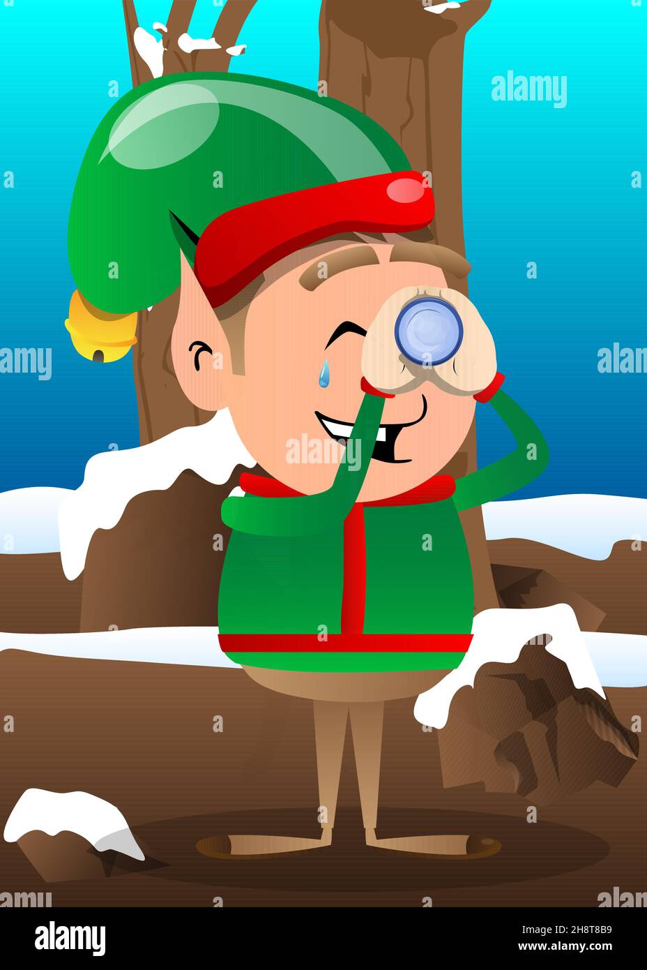 Christmas Elf holding binoculars in his hands. Vector cartoon character  illustration of Santa Claus's little worker, helper Stock Vector Image &  Art - Alamy