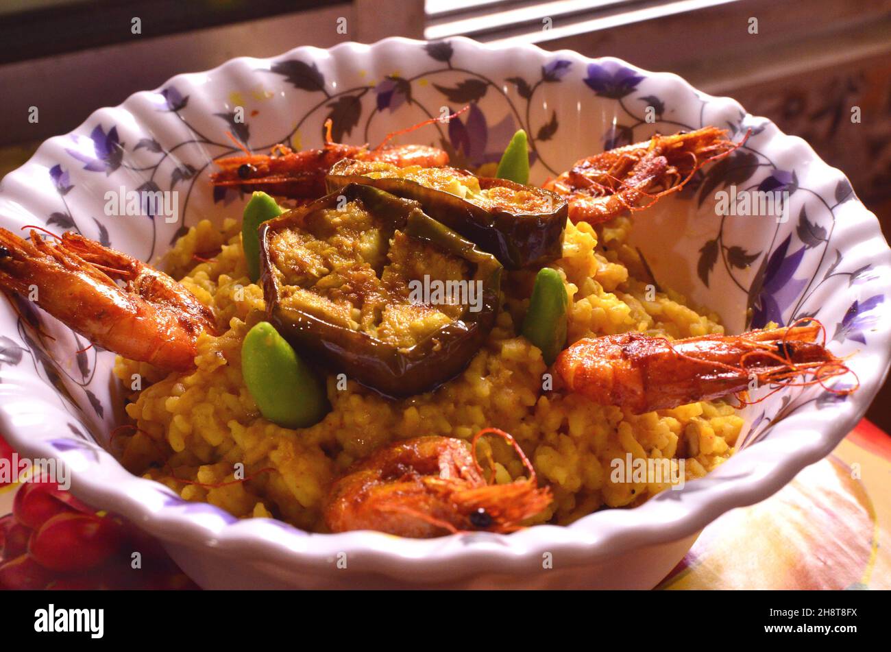 The best food of Bengal Dish is Khichdi, fried eggplant and fried shrimp Stock Photo