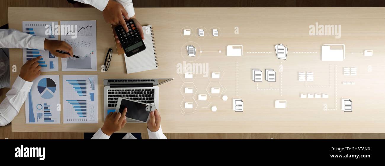 Businessman manage files documentation working modern computer Document Management System  transfer file Stock Photo