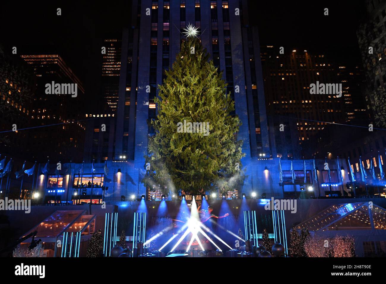 View of the Rockefeller Center Christmas tree before being lit during
