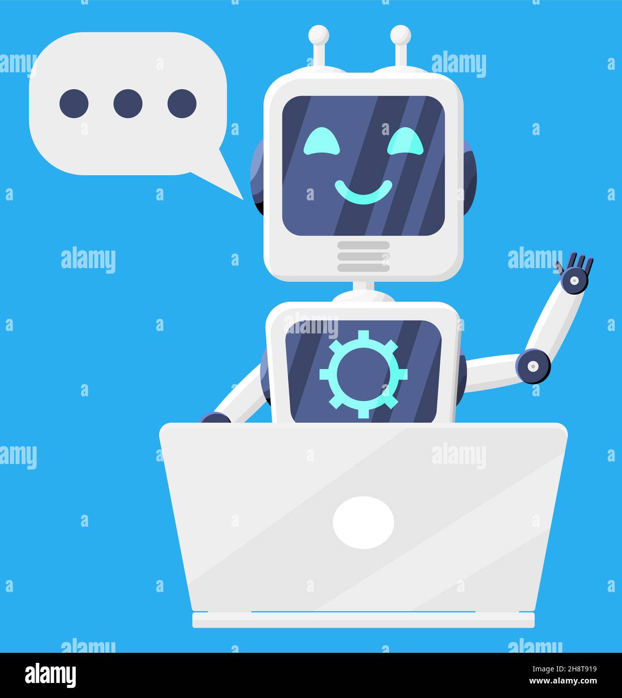 Robot Using Laptop Isolated on Blue Stock Vector