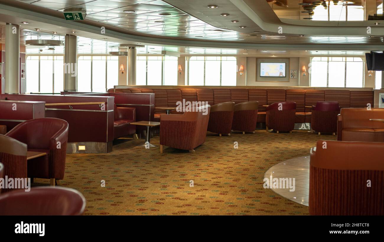 The lounge of an empty ferry crossing the English channel between Dover and Calais during Covid19 Pandemic Stock Photo