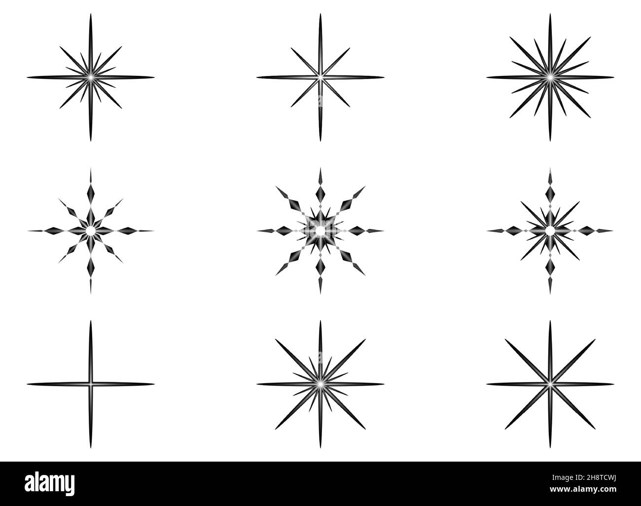 Set of bright stars for Christmas, New Year. Vector illustration. Stock Vector
