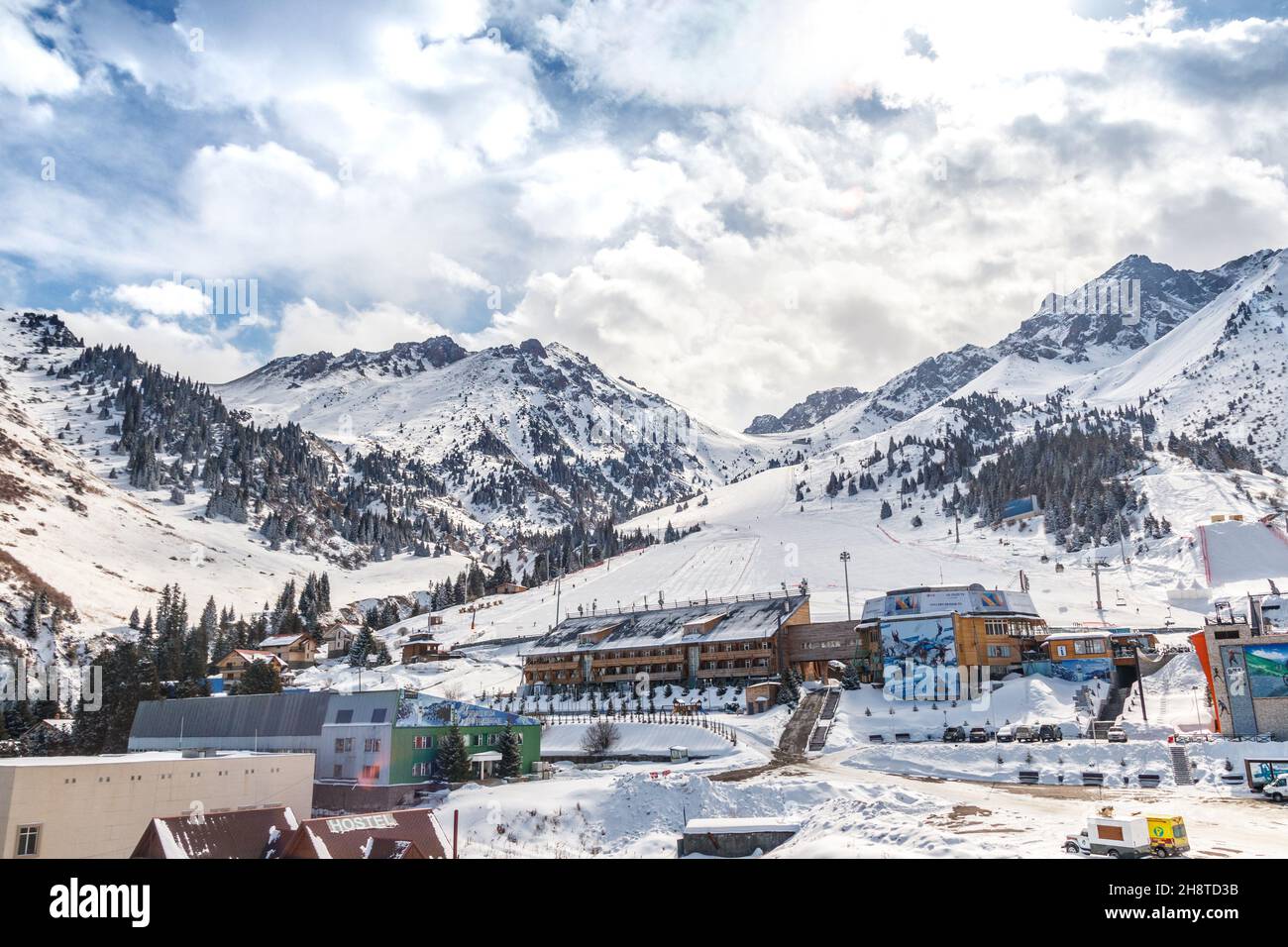 Almaty, Kazakhstan - March 16, 2021: Shymbulak famous ski resort near Almaty city in central asia Stock Photo