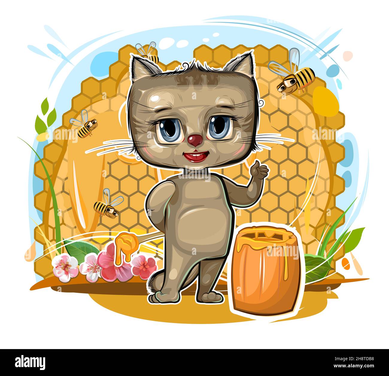 Honey. Little Kitten in cartoon style on the background of honeycombs, flowers, bees and barrels. Young cheerful cat beekeeper. Funny childish illustr Stock Vector