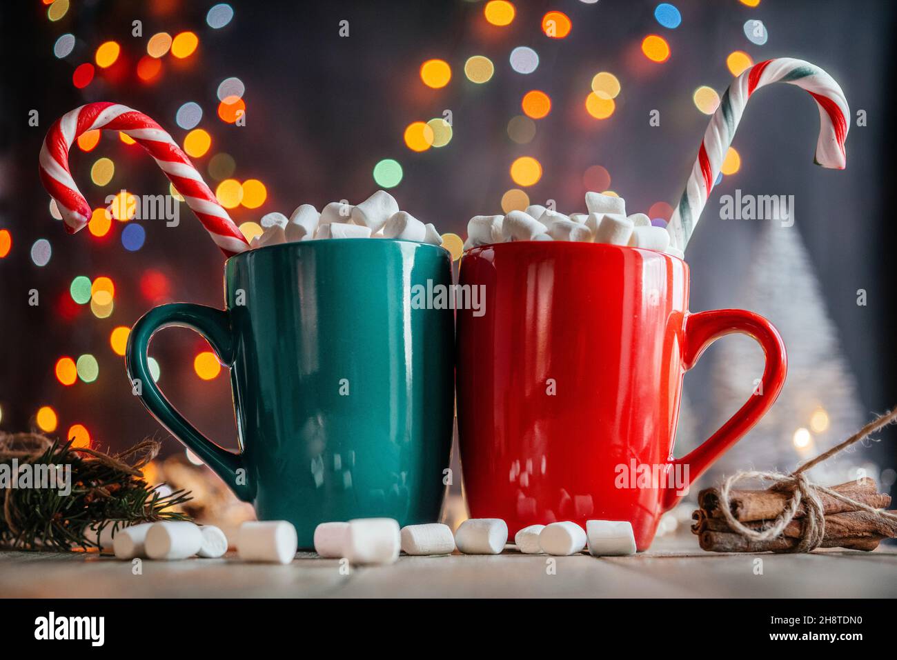 Christmas get together background with two cups of hot chocolate with marshmallow Stock Photo - Alamy