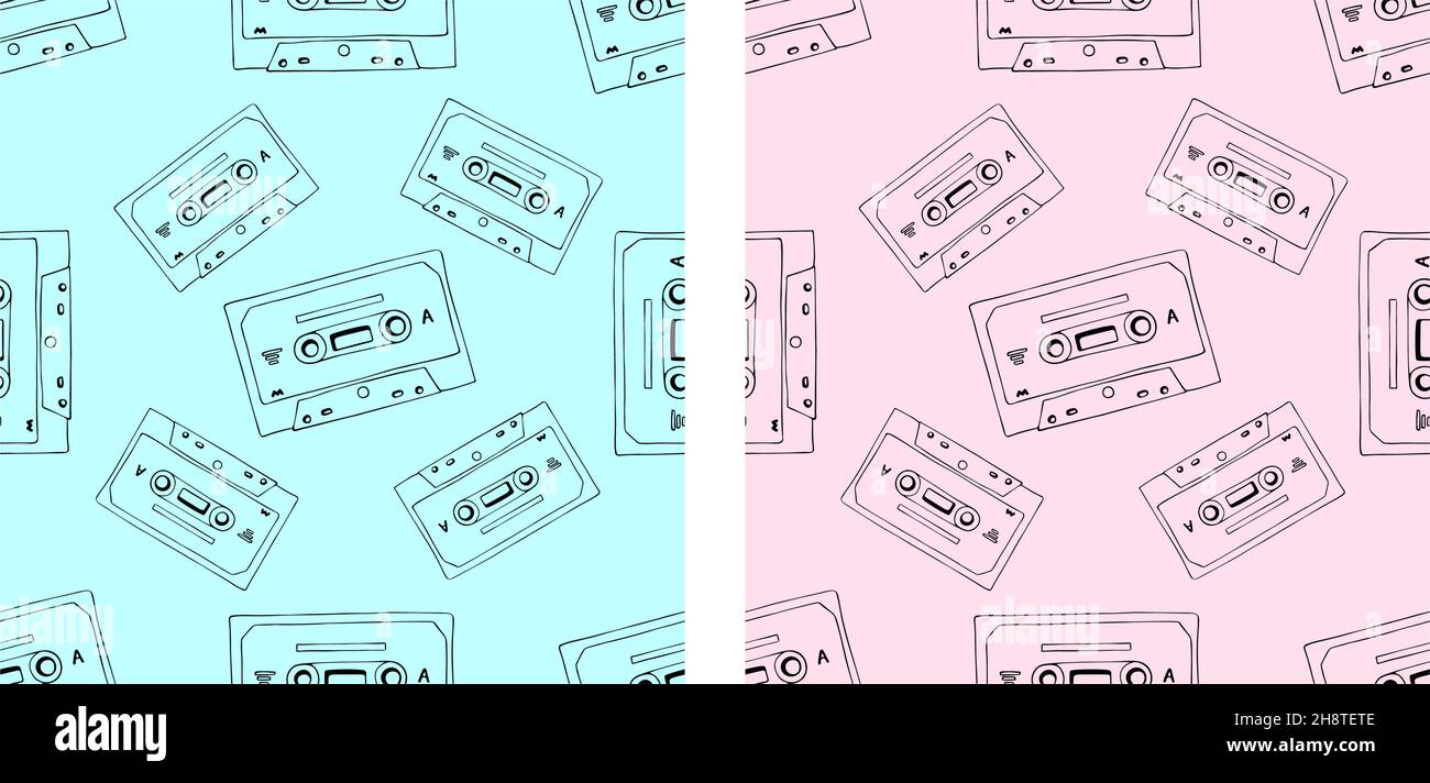 Hand drawn cassette and mixtape seamless pattern, blue and pink cartoon doodle background set for music technology or audio equipment concept. Stock Vector