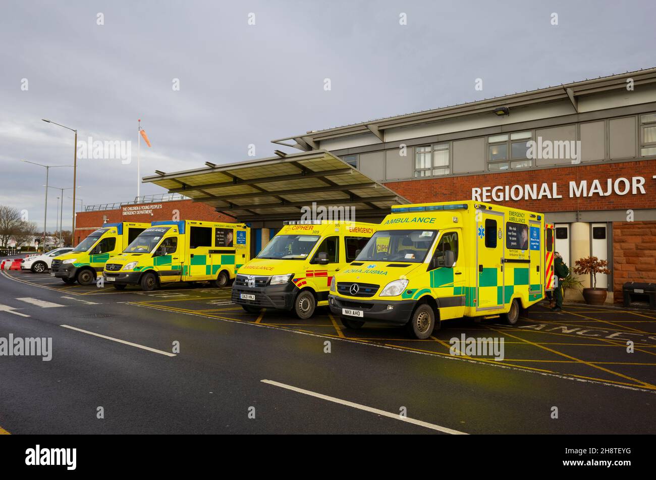 NHS Ambulances outside the Regional Major Trauma Centre or Accident and Emergency at Jame's Cook University Hospital Middlesbrough Stock Photo