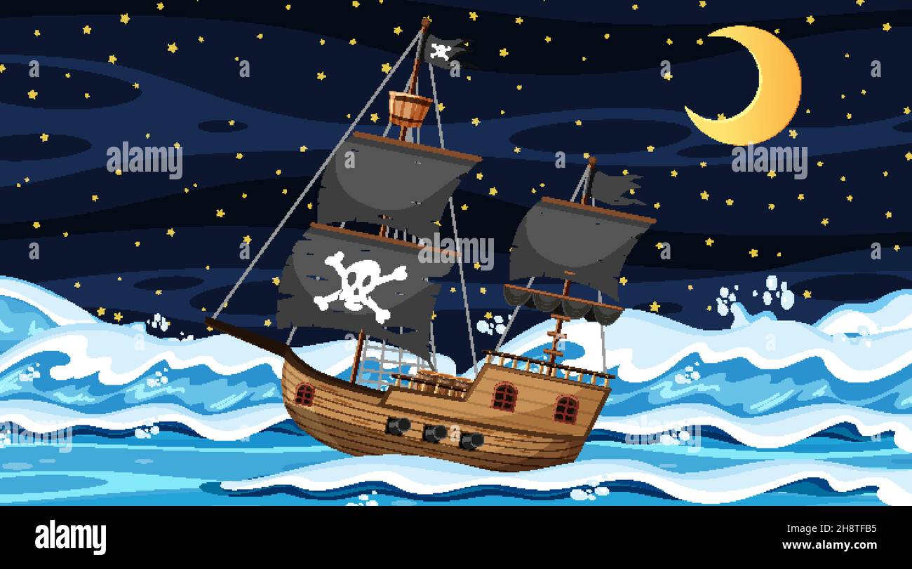 Ocean with Pirate ship at night scene in cartoon style illustration ...