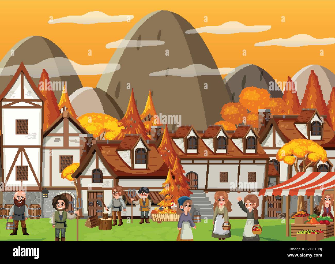 Medieval town at sunset time scene with villagers illustration Stock ...