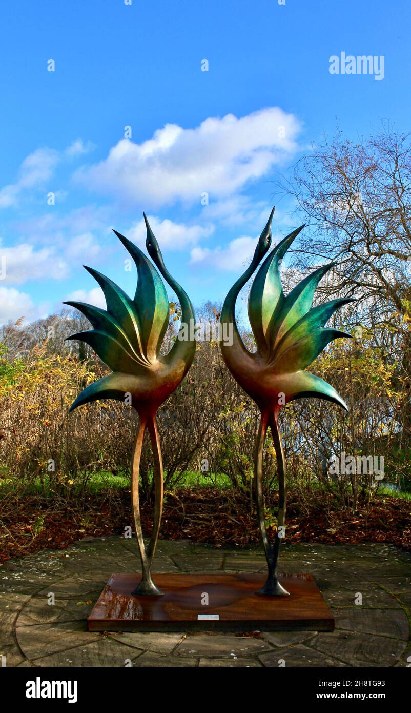 Dancing Cranes by Simon Gudgeon - Dorchester Sculpture Park - Colourful stylish sculpture of two birds dancing together. Stock Photo