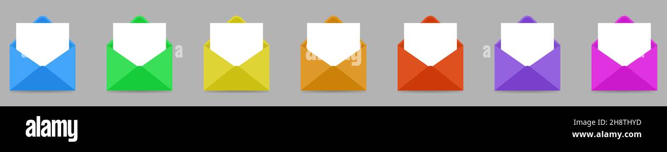 Colored envelopes with empty papers. Vector illustration isolated on gray backgroud Stock Vector