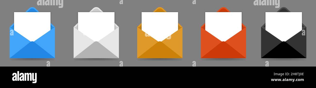 Realistic blank open envelopes mockup set. Vector illustration Stock Vector