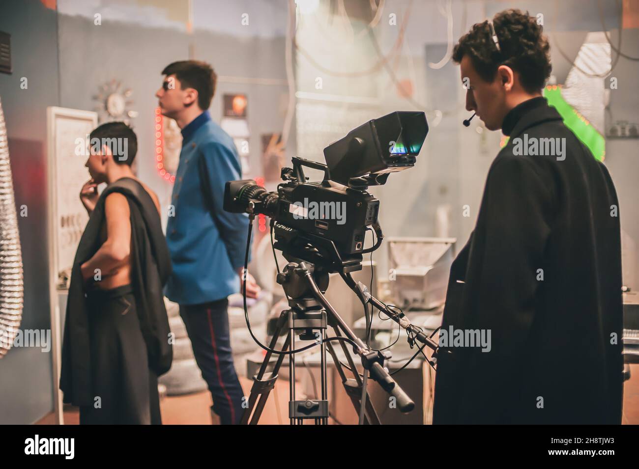 Behind the scene. Film crew team filming movie scene on studio. Group ...