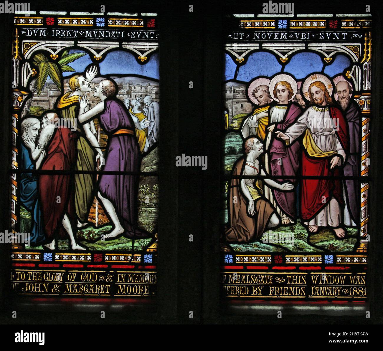 A stained glass window by William Wailes depicting The Sick, the Lame and the Blind healed by Jesus, All Saints Church, Boltongate, Cumbria Stock Photo