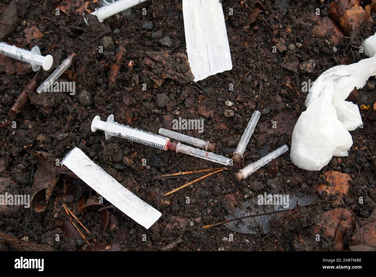 Used syringes and needles on the ground Stock Photo Alamy