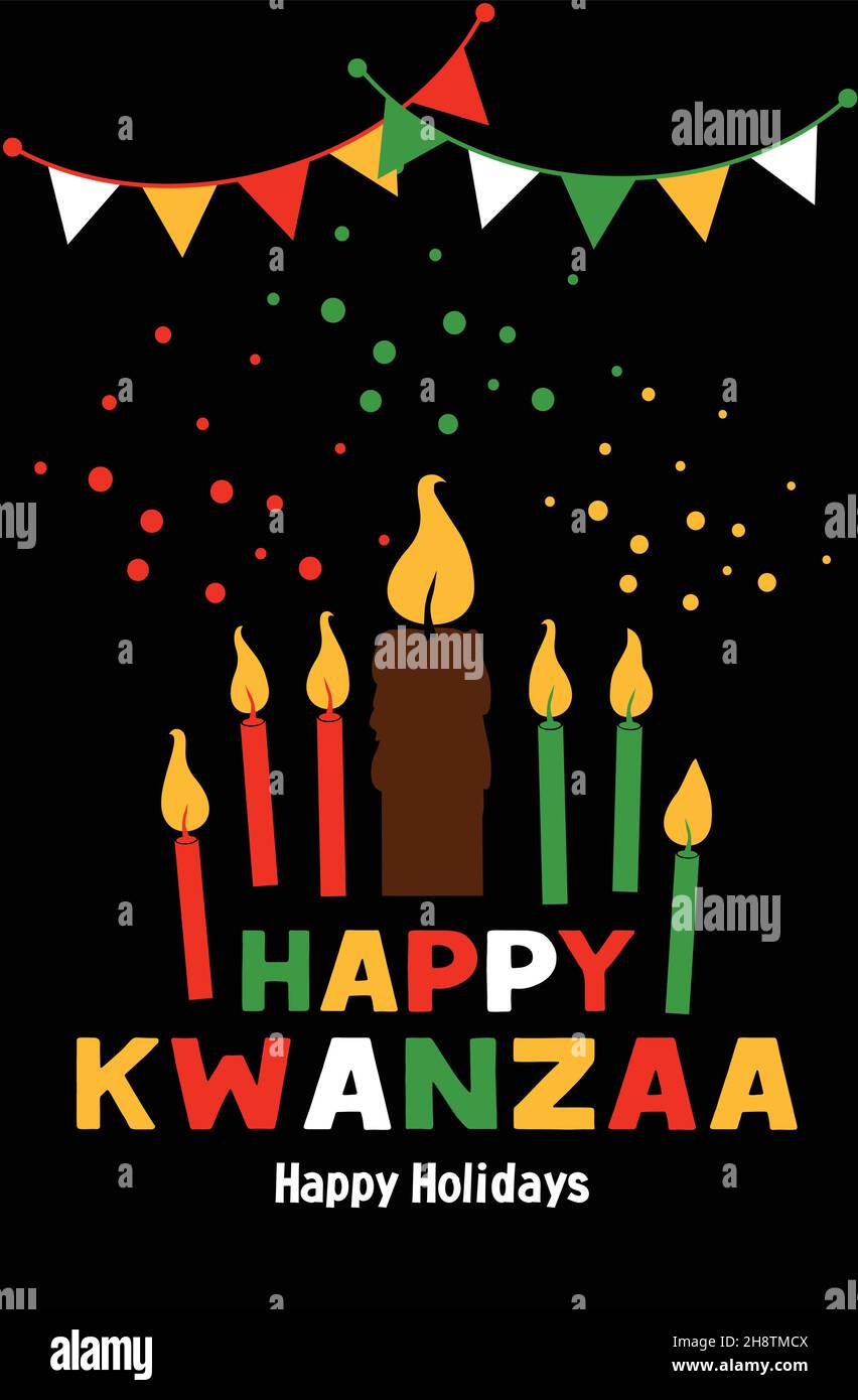 Happy Kwanzaa vector flat illustration on black dark background with confetti. African celebration design card. Stock Vector