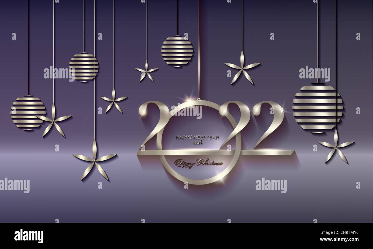 2022 Christmas luxury holiday banner with silver handwritten Merry Christmas and Happy New Year, platinum colored Christmas balls. Vector illustration Stock Vector
