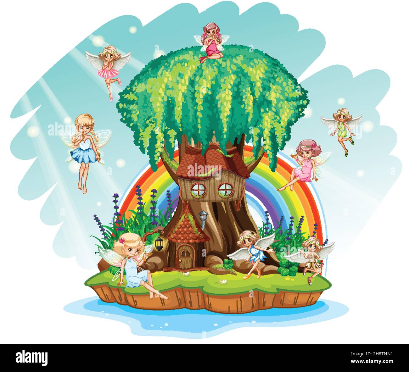 Fantasy tree house inside tree trunk with fairies and rainbow